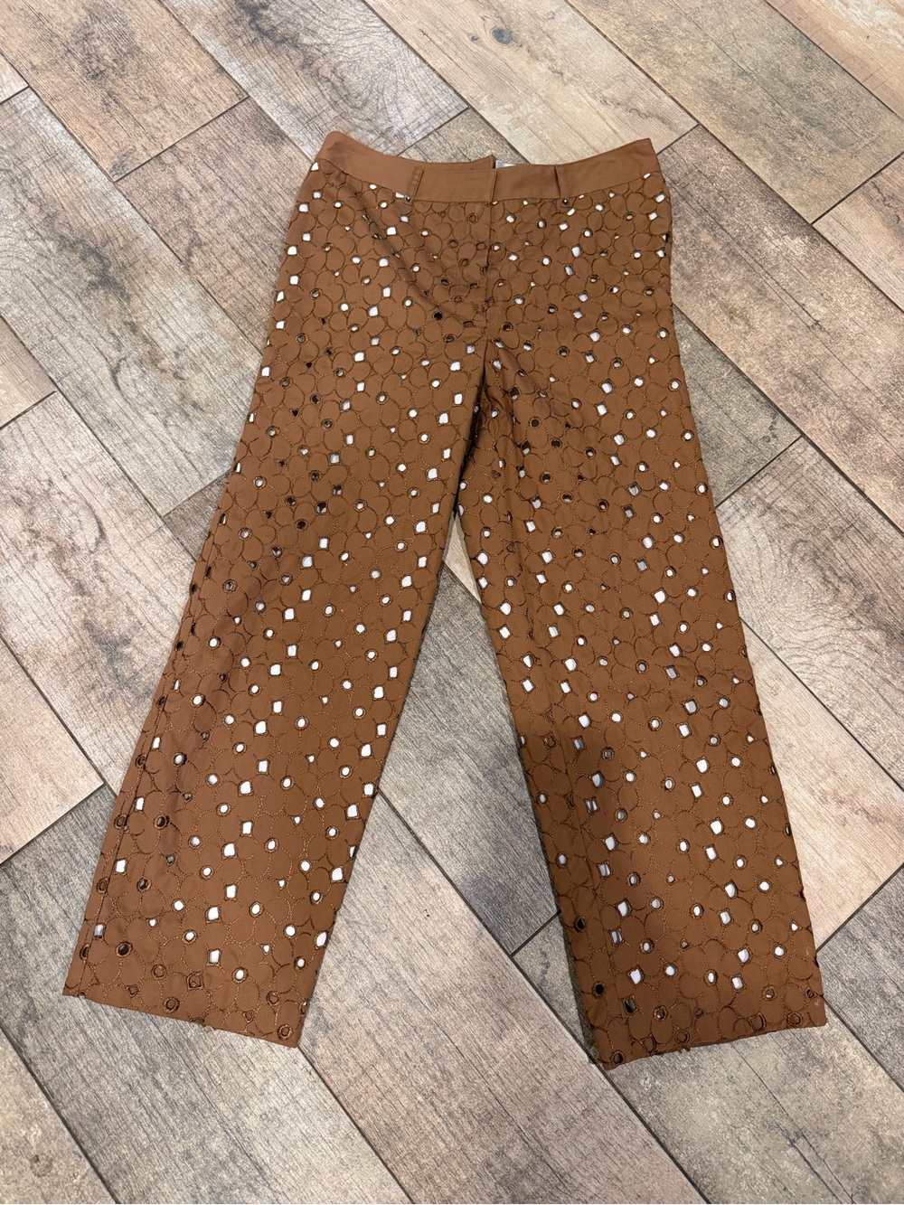 Island Republic Brown Eyelet 3/4 Blazer & Wide-Leg Capri Pants Set White Lining - Picture 7 of 10